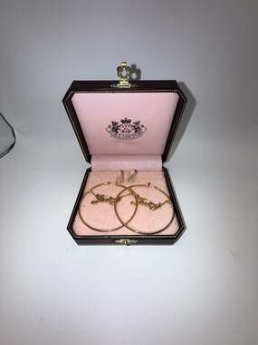 Juicy Couture Script Logo Gold Tone Hoop Earrings with Box